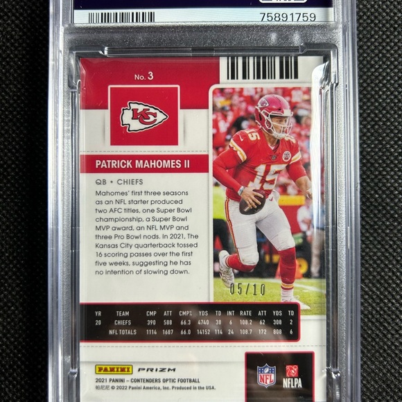 2021 Contenders Optic Season Ticket Patrick Mahomes Gold Prizm /10 PSA 10 Gem - Picture 2 of 2